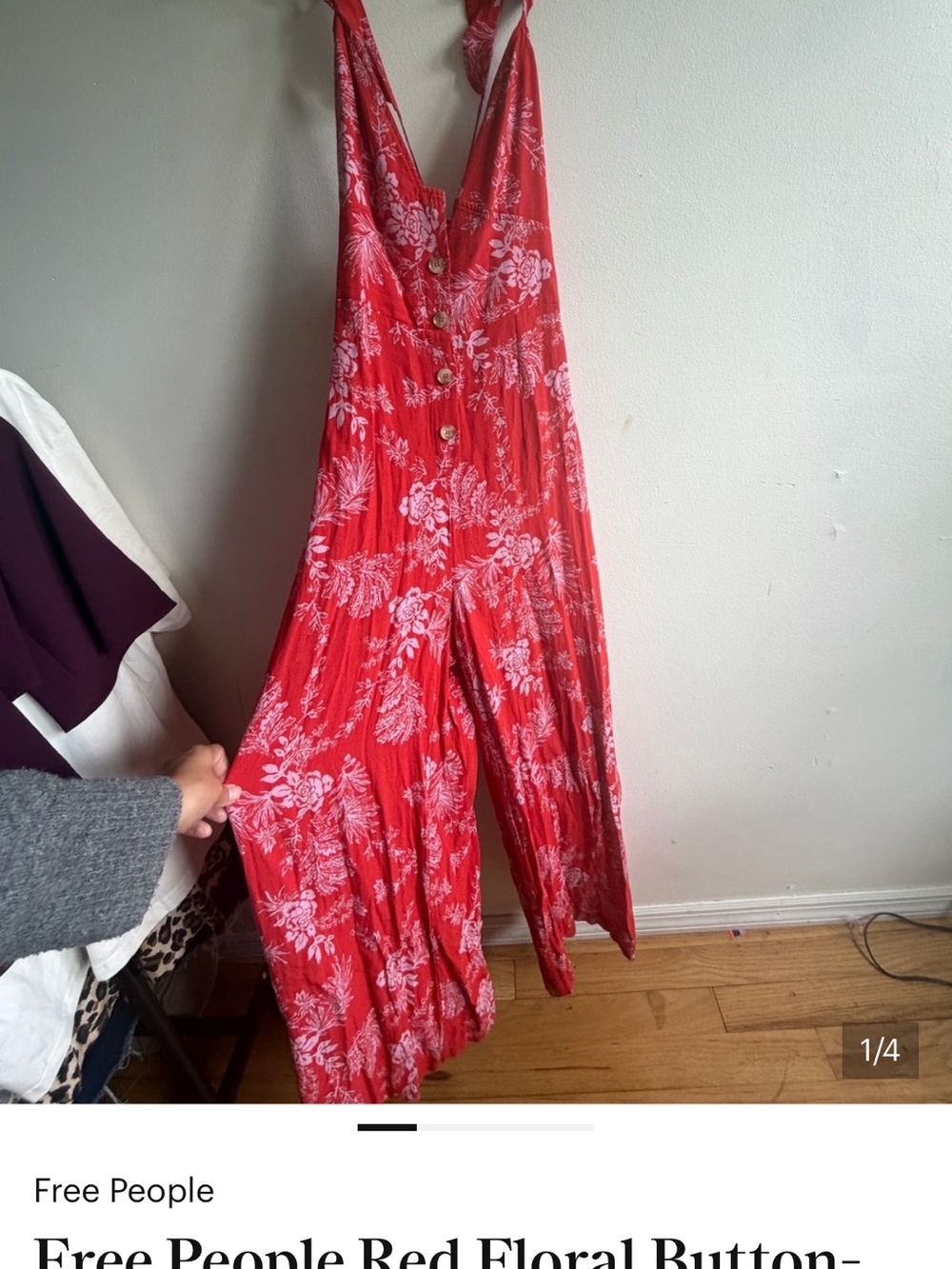 Free People Red Floral Button-Front Wide-Leg Jumpsuit - Picture 6 of 7